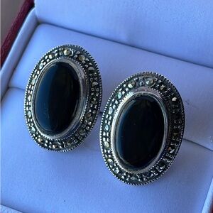 Vintage Onyx, Marcasite earrings 925 sterling silver